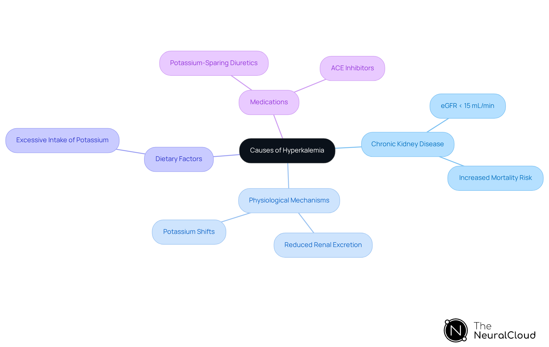 This mindmap starts with hyperkalemia at the center and branches out to show various causes and risk factors. Each branch represents a different category, helping you see how they relate to the main topic. The colors help differentiate between categories, making it easier to understand the complex factors that contribute to hyperkalemia. This mindmap starts with hyperkalemia at the center and branches out to show various causes and risk factors. Each branch represents a different category, helping you see how they relate to the main topic. The colors help differentiate between categories, making it easier to understand the complex factors that contribute to hyperkalemia.