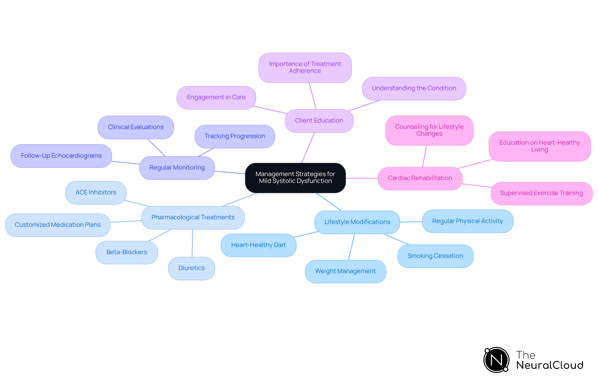 The central node represents the overall management strategies for mild systolic dysfunction. Each branch highlights a key strategy, and the sub-branches provide specific actions or insights related to that strategy. This layout helps visualize how different approaches work together to improve patient outcomes. The central node represents the overall management strategies for mild systolic dysfunction. Each branch highlights a key strategy, and the sub-branches provide specific actions or insights related to that strategy. This layout helps visualize how different approaches work together to improve patient outcomes.