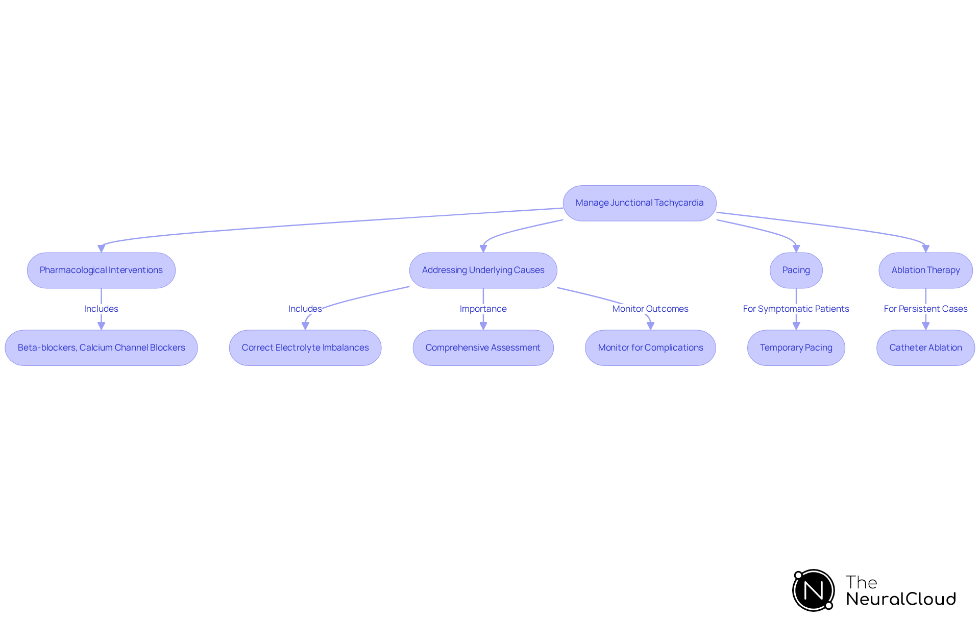 This flowchart outlines the main strategies for managing junctional tachycardia. Each box represents a different approach, and the arrows show how these strategies connect and flow into one another. Follow the paths to see how healthcare professionals can choose the best treatment based on patient needs.