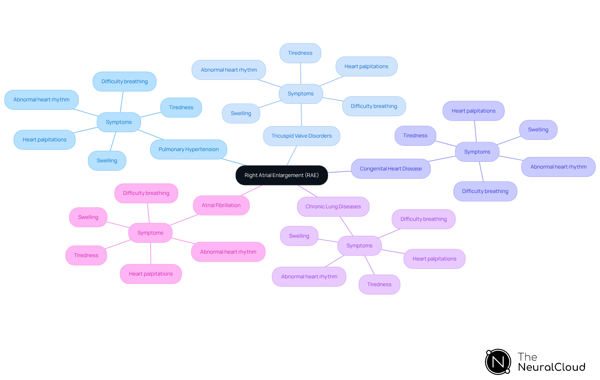 The central node represents Right Atrial Enlargement, with branches showing the main causes and symptoms. Each branch connects to specific conditions or symptoms, helping you see how they relate to RAE. The colors help differentiate between the causes, making it easier to follow.