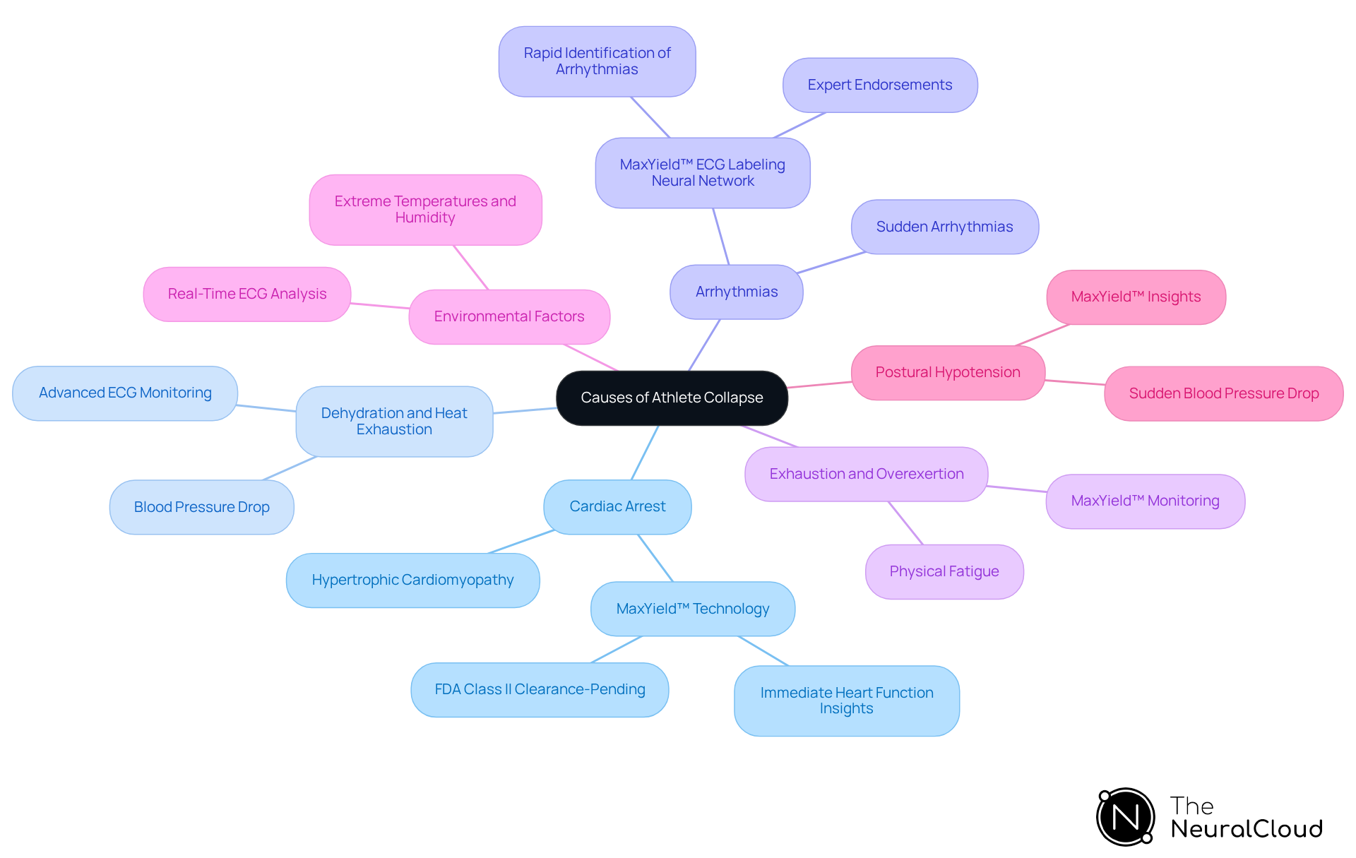 This mindmap starts with the central issue of athlete collapse and branches out into various causes. Each branch represents a specific cause, with further details provided in sub-branches. This layout helps you see how different factors contribute to athlete safety and performance.