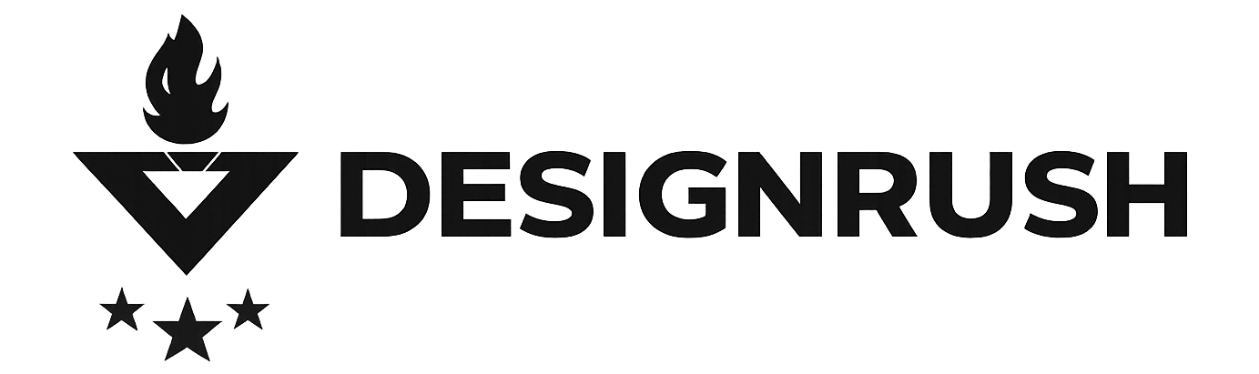 DesignRush logo featuring a stylized flame above an inverted triangle with three stars below, next to the text 'DESIGNRUSH'.