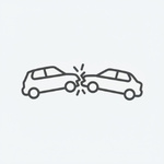 A black-and-white minimalist line icon depicting a head-on collision between two cars, with action lines illustrating the point of impact, set against a light gray background.