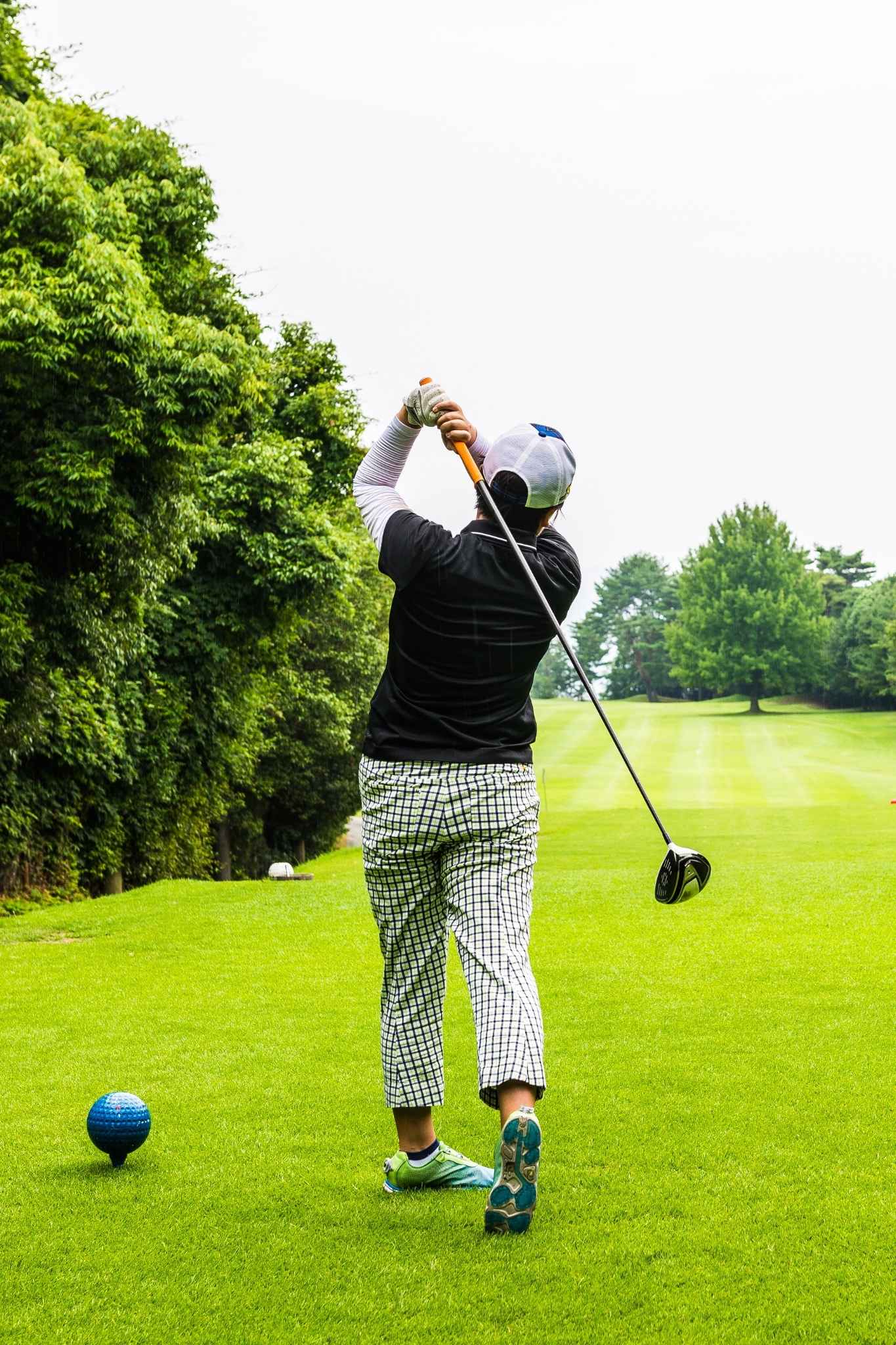 Rear view of a golfer finishing a swing on a lush green tee box, with a blue tee marker in the foreground and a tree-lined fairway stretching into the distance.