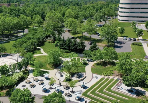An overhead view of the outdoor landscape and design