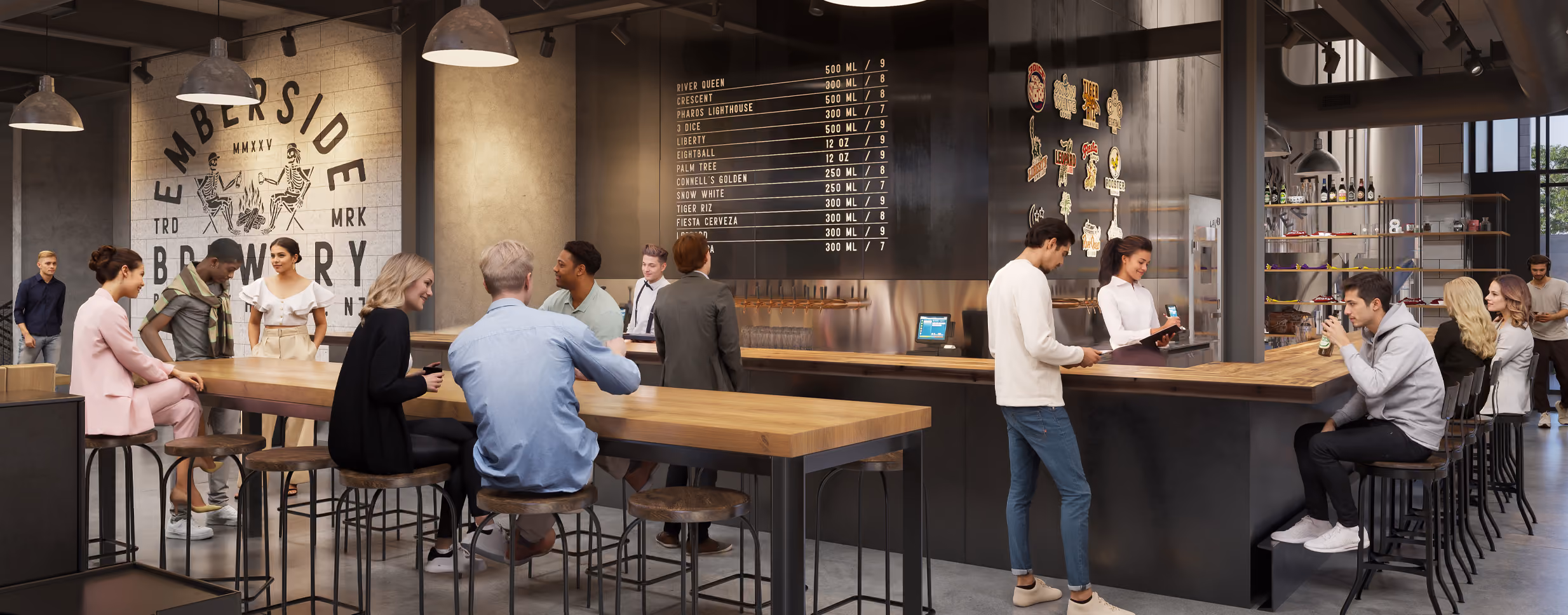 The bar and overhead menu at Emberside Brewery