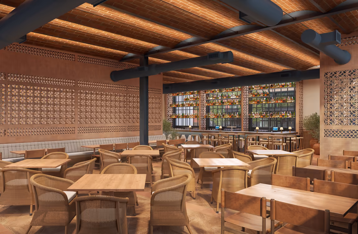 Inside seating of wooden chairs and tables at Rosa Azul