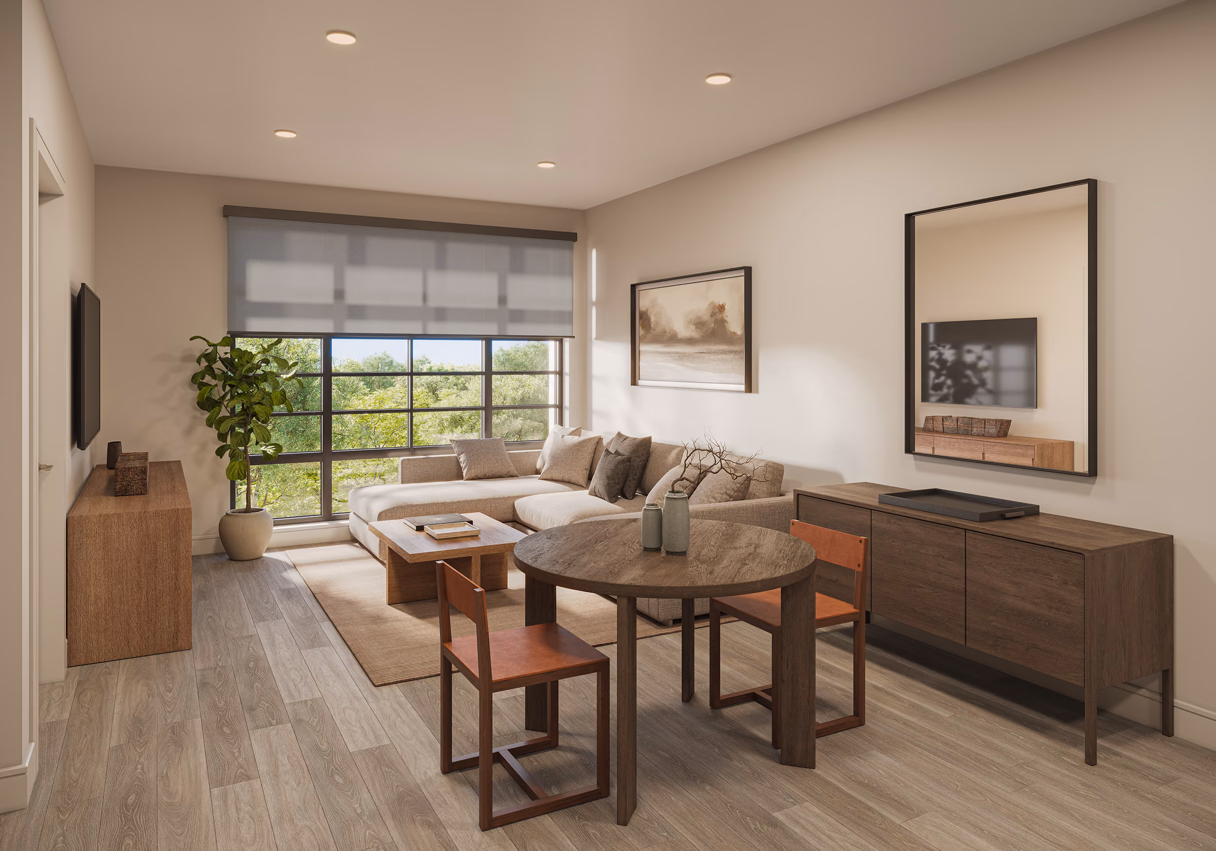 the living room of a model apartment at RT Residences