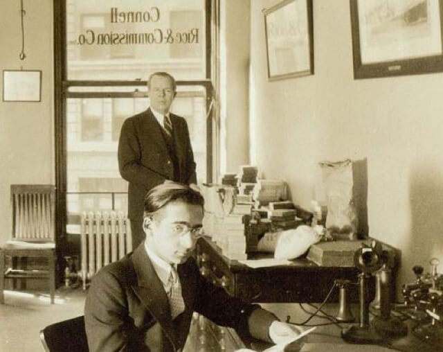 Grover Connell in his first office and Connell Rice bags