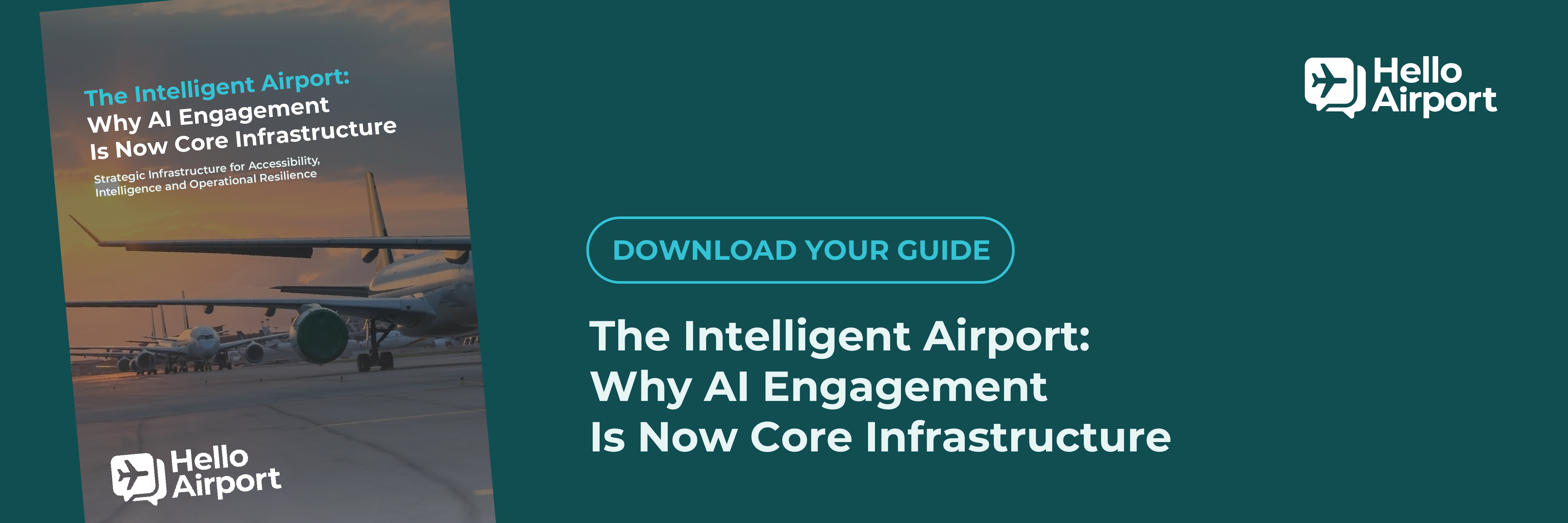 Promotional banner for a guide titled 'The Intelligent Airport: Why AI Engagement Is Now Core Infrastructure' by Hello Airport, featuring an airplane at sunset.