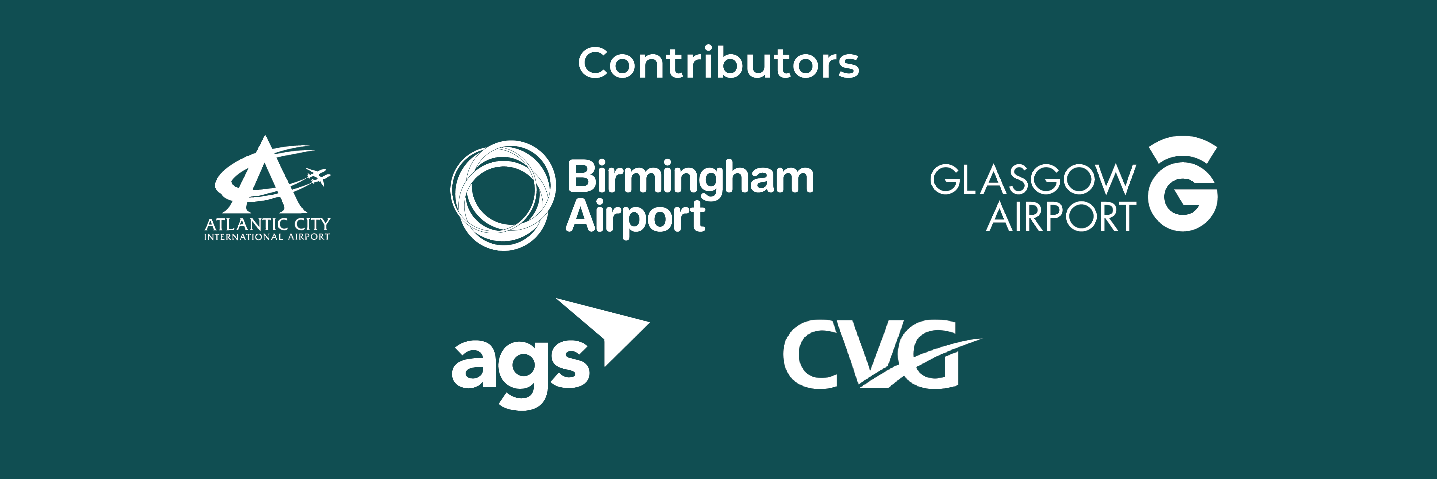 Logos of five contributors on a teal background: Atlantic City International Airport, Birmingham Airport, Glasgow Airport, AGS, and CVG.