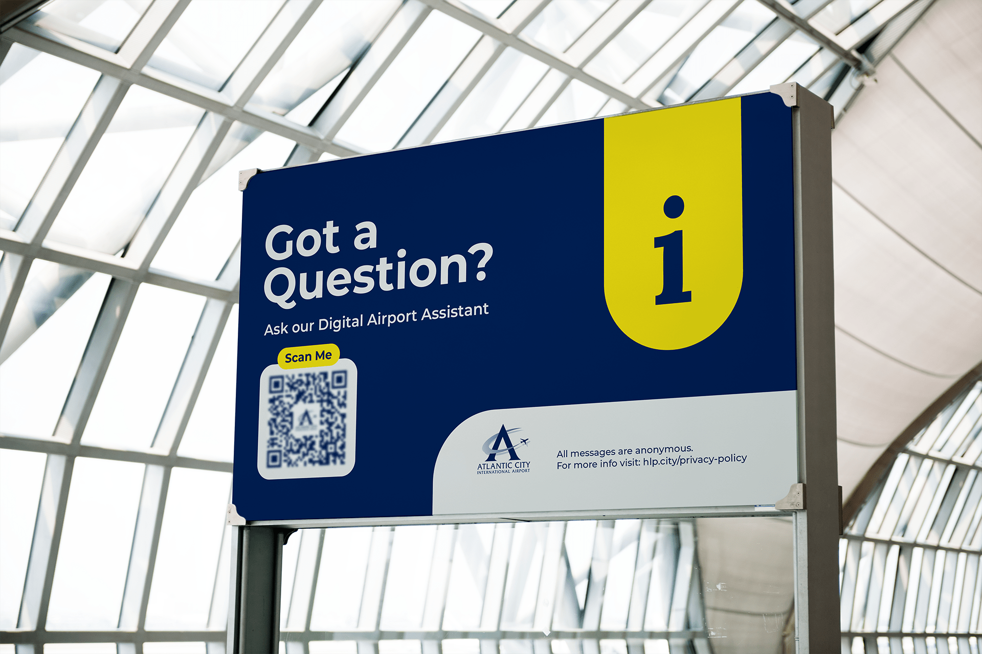 Blue airport sign with “Got a Question?” text, a QR code, and info icon at a modern terminal. Invites users to scan for a digital assistant.