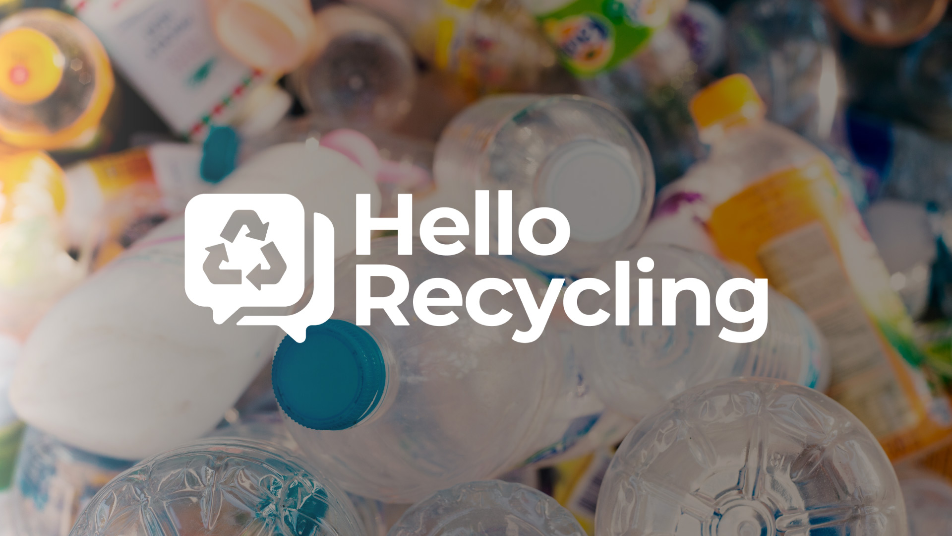 A pile of assorted plastic bottles with a "Hello Recycling" logo overlay.