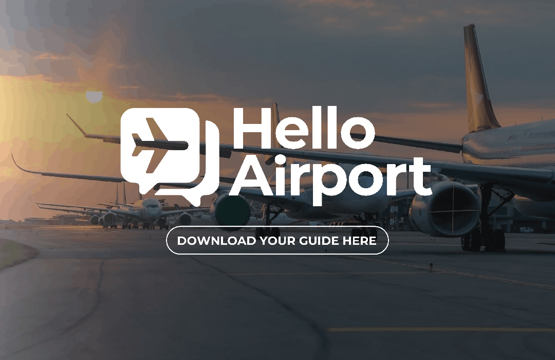 Airport tarmac at sunset with parked airplanes. Logo of "Hello Airport" overlayed, featuring an airplane icon.