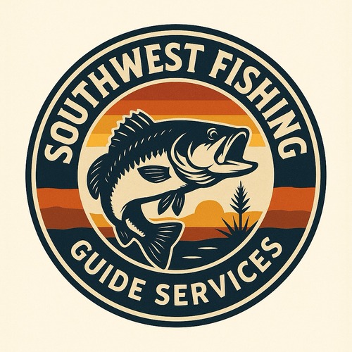 Southwest Fishing Guide Services logo featuring a jumping bass fish over water with a stylized sunset background.