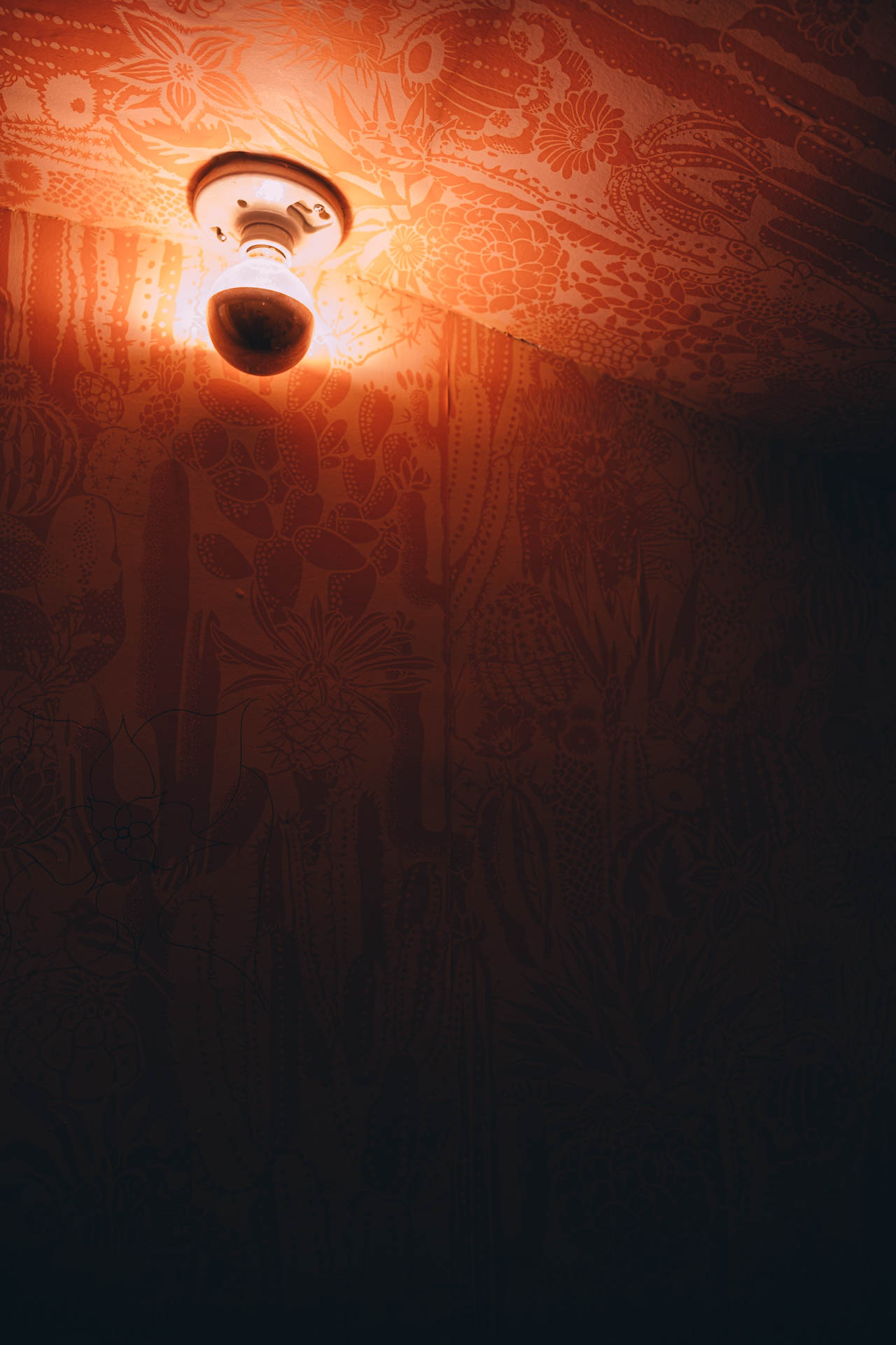 a single light in a bathroom with orange walls
