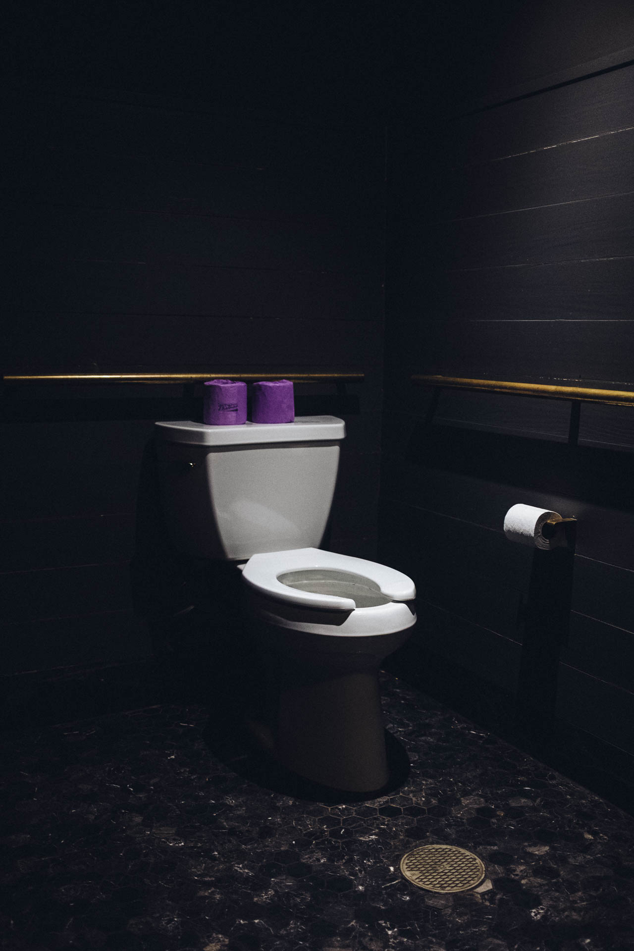 a toilet with purple toilet paper wrapped on top of it