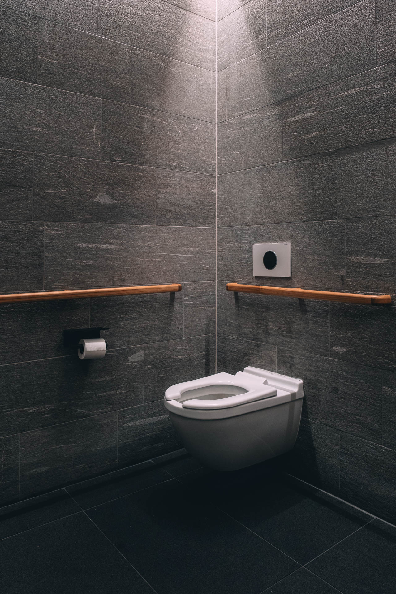 the holy grail toilet with a sunbeam coming in from the ceiling