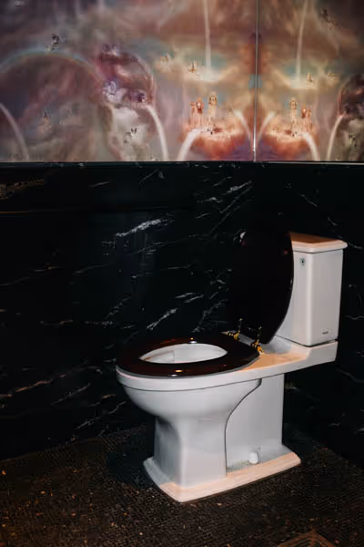 toilet in a reflective wallpaper bathroom