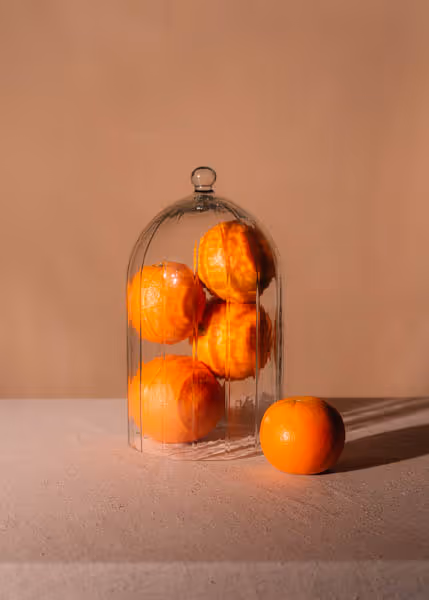 Oranges stuffed in a glass dome on velvet