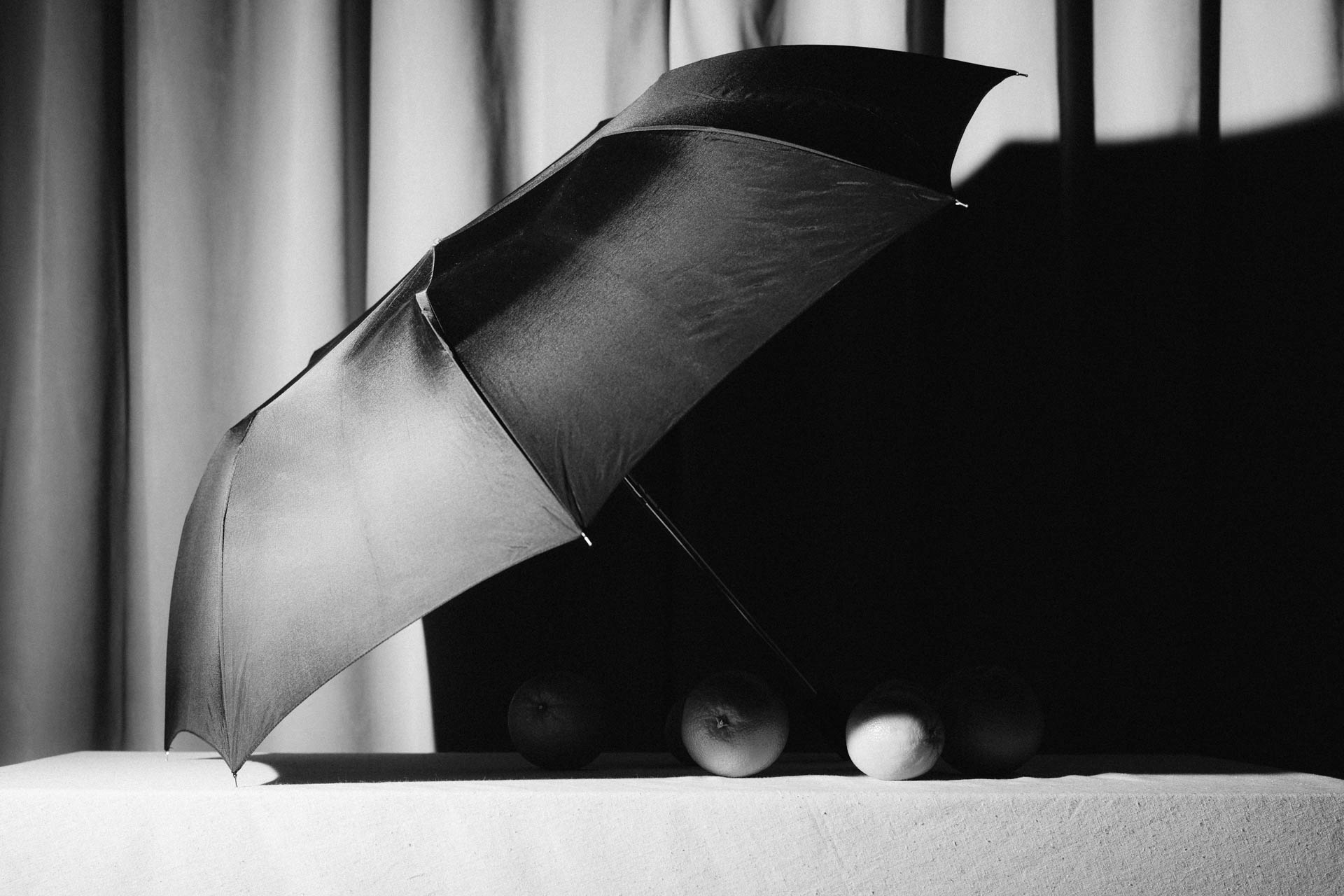 Oranges covered by an umbrella in black and white