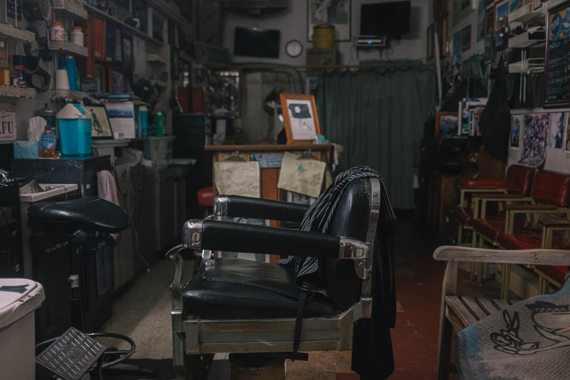 empty and closed barber shop at night