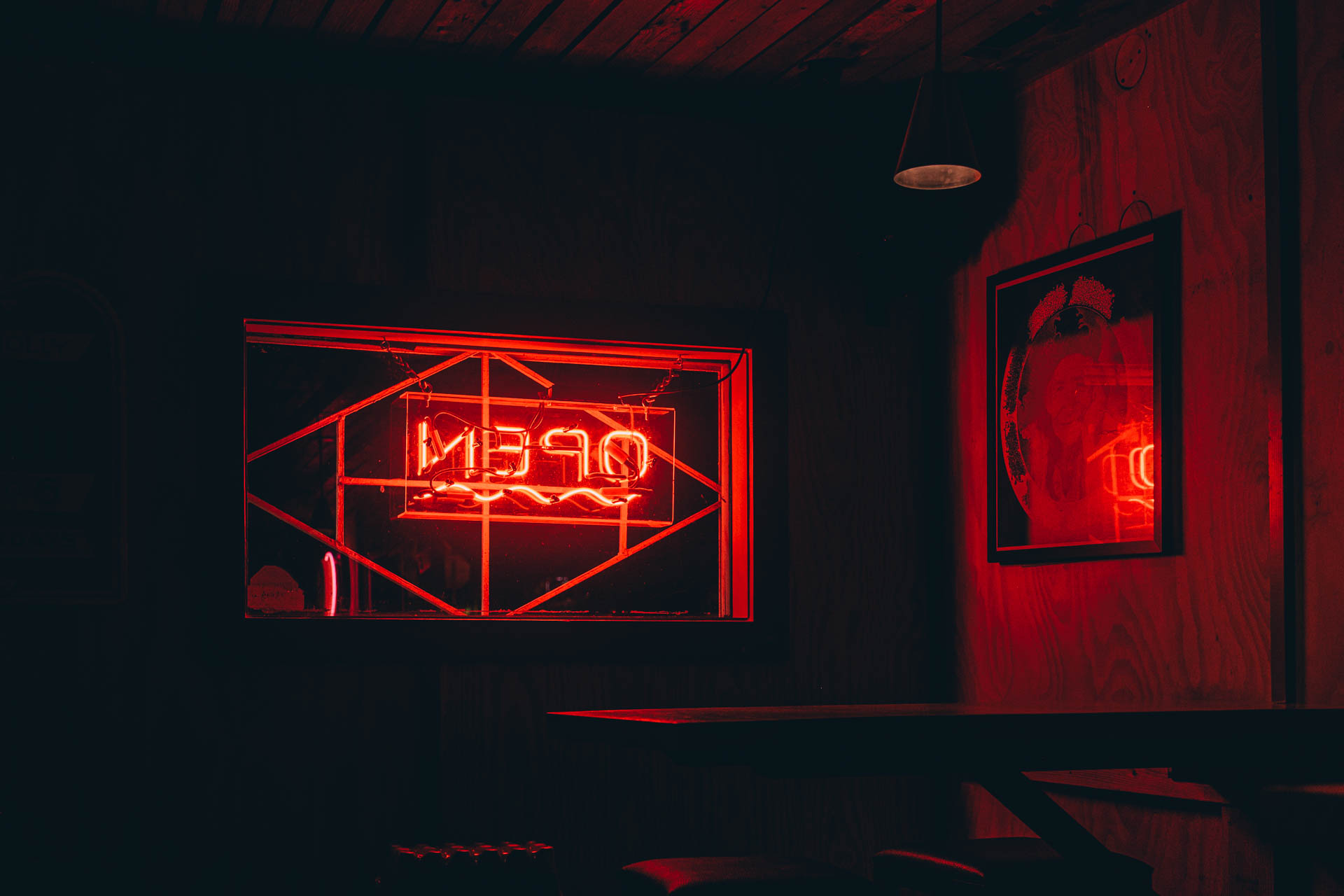neon open sign backwards at Austin bar