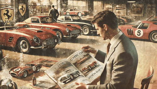 A businessman searching a classic car Ferrari catalogue