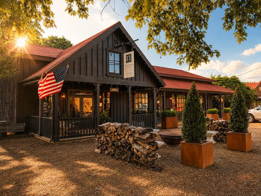 A charming storefront in Leiper's Fork, TN at sunset, a beloved small community in Williamson County