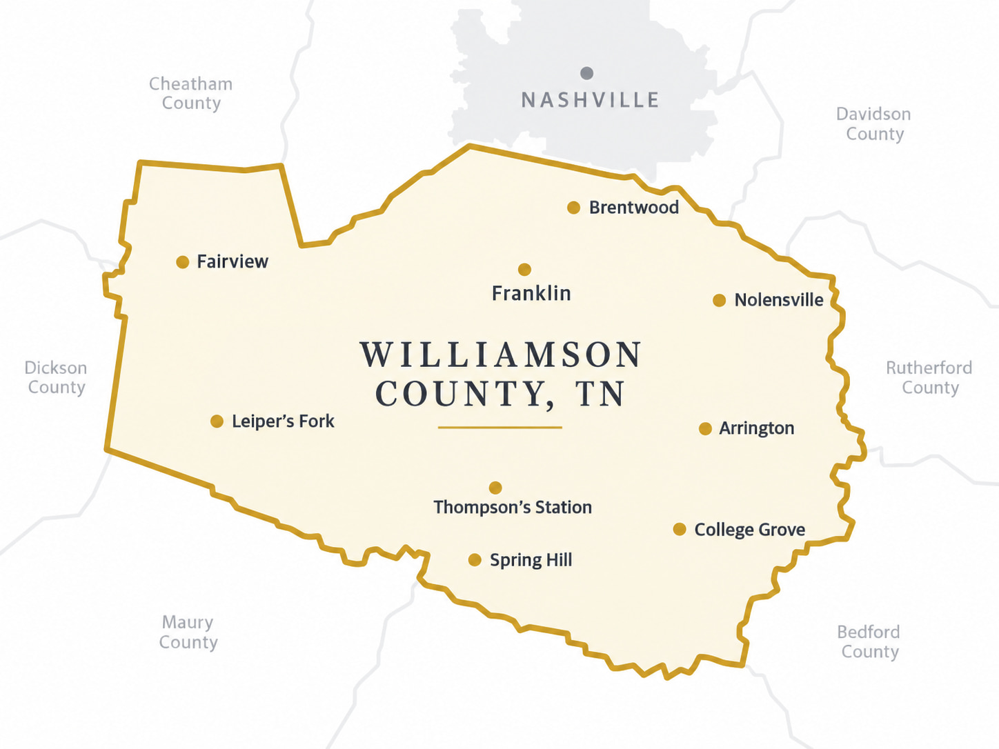 Map of Williamson County, Tennessee showing Franklin, Brentwood, Nolensville, Spring Hill, Thompson's Station, Fairview, Leiper's Fork, Arrington and College Grove, with Nashville to the north.
