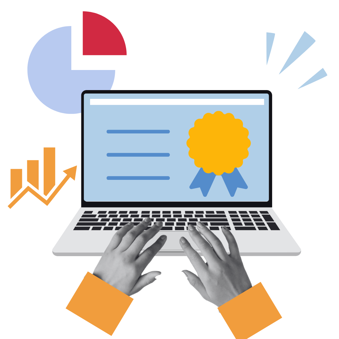 Laptop displaying a digital certificate, with data charts and hands typing on a keyboard, symbolizing digital marketing strategy.