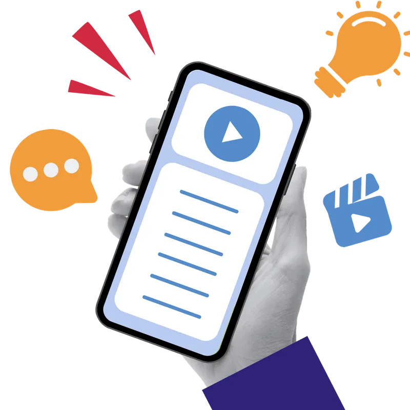 Hand holding a smartphone with a video play icon and content creation symbols, representing mobile content marketing.