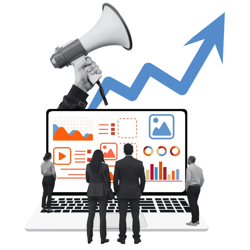 Team analyzing marketing dashboards on a large screen with growth arrow and megaphone, symbolizing campaign performance and strategic planning.