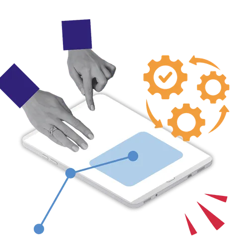 Hands using a tablet with connected gears, symbolizing digital automation and analytics.