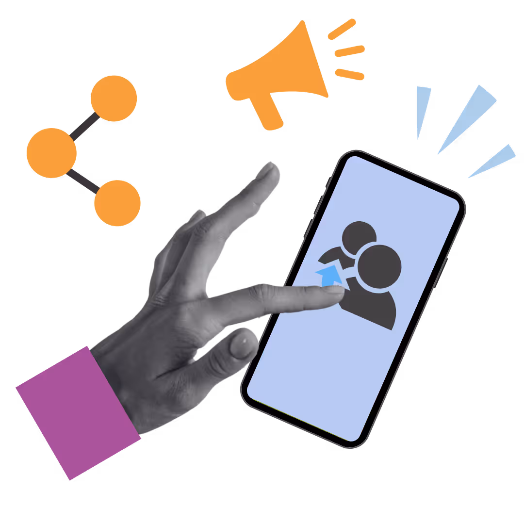Hand pointing at a smartphone with social media and megaphone icons, representing social media engagement and sharing.