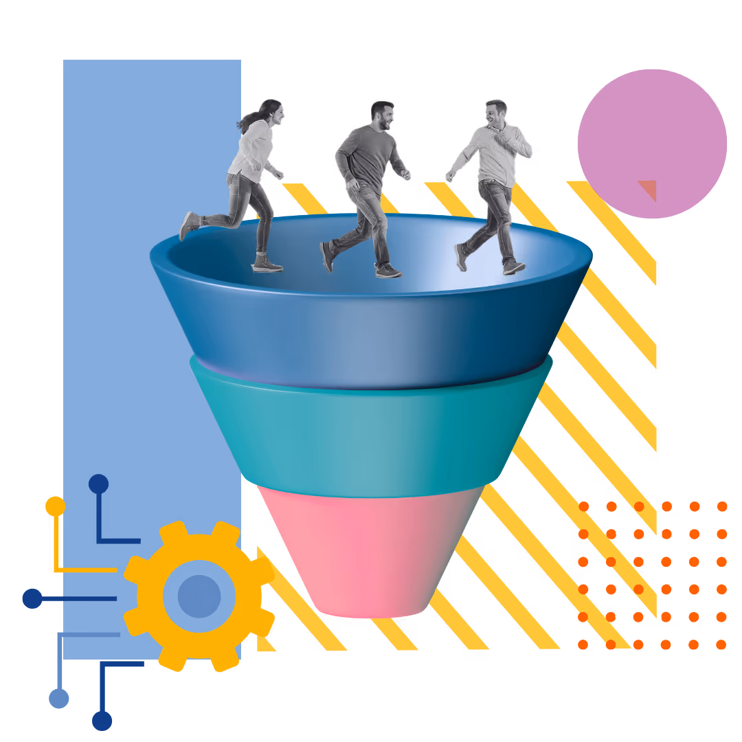 A conceptual illustration of a sales or marketing funnel with three people walking into the top. The funnel has multiple tiers in different colors and is surrounded by gears, digital circuit lines, and abstract shapes, symbolizing lead generation or customer acquisition.