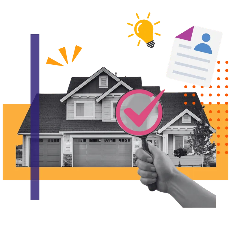 A collage image featuring a hand holding a magnifying glass with a pink checkmark over a modern house. Additional icons include a lightbulb, a document with a profile image, and abstract orange and purple shapes, suggesting home inspection, approval, or evaluation in real estate.