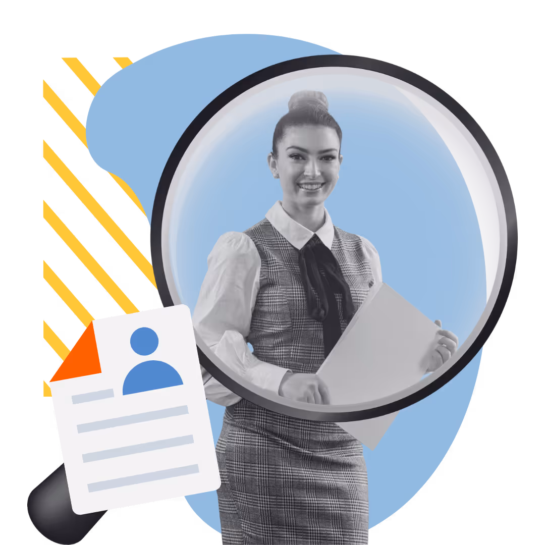 Magnifying glass highlighting a smiling woman holding documents, symbolizing candidate search or recruitment.