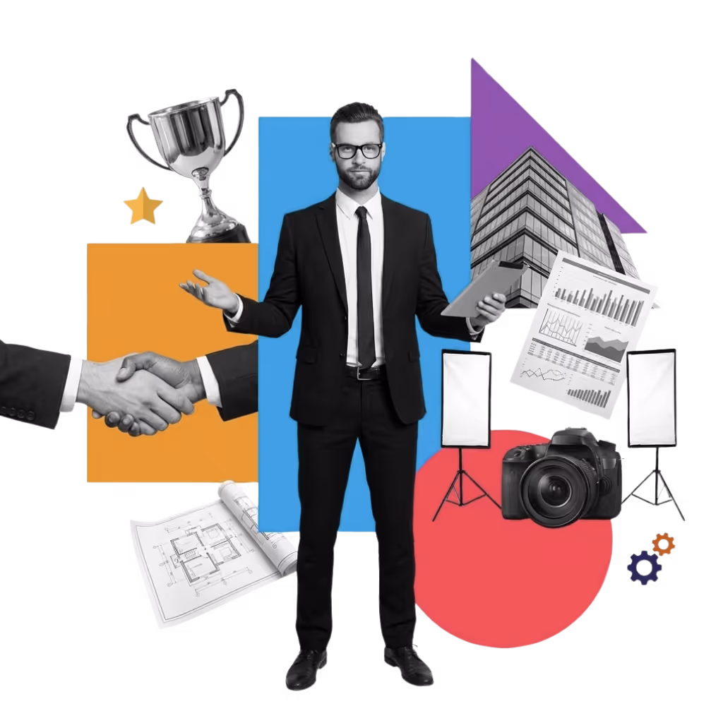 A professional man in a suit stands confidently holding a tablet, surrounded by icons of a trophy, handshake, charts, blueprints, and camera equipment, representing expertise, trust, and business success.