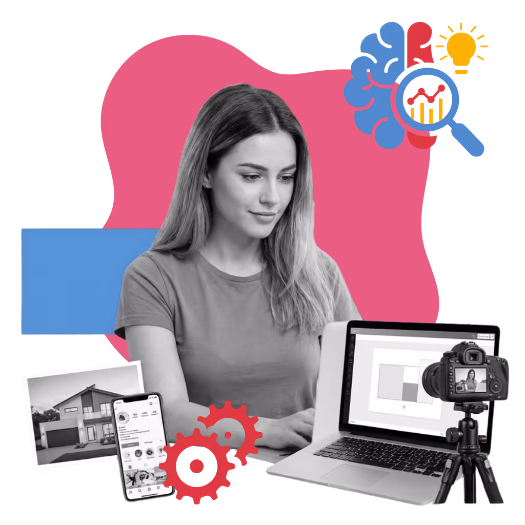 A woman works on a laptop while a camera records, with icons of social media, analytics, gears, and a house image around her, representing digital marketing, content creation, and data-driven services for homebuilders.