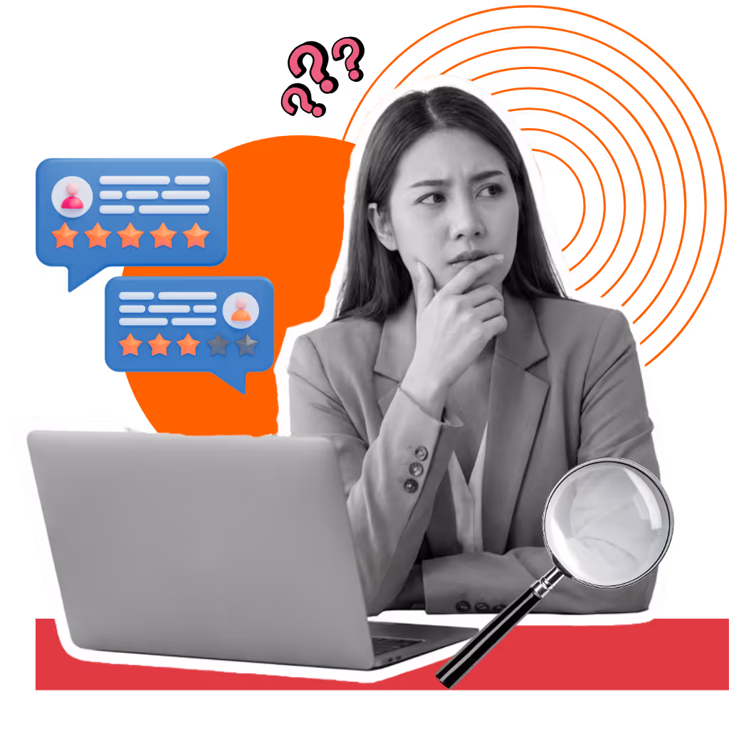 A woman sits at a laptop with a thoughtful expression, hand on her chin, surrounded by review icons, star ratings, question marks, and a magnifying glass, representing uncertainty and difficulty evaluating online information.