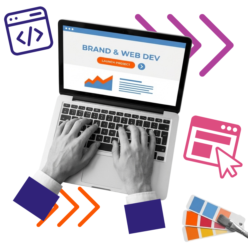 Hand holding a smartphone with a video play icon and content creation symbols, representing mobile content marketing.