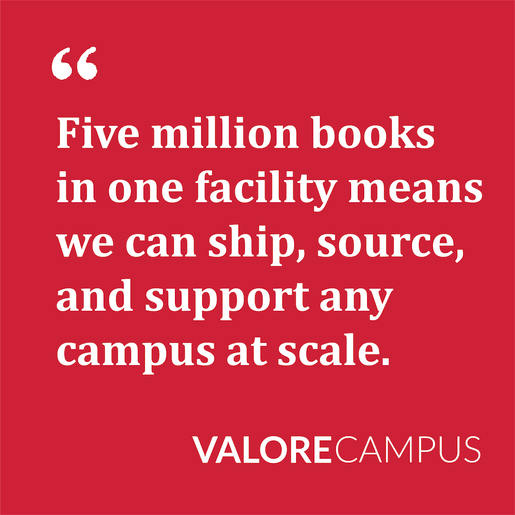 An image that says: Five million books in one facility means we can ship, source, and support any campus at scale.