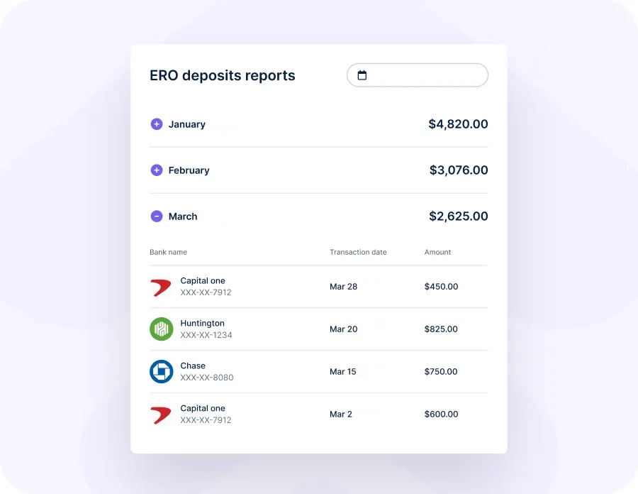 Service Bureau deposit reports displaying monthly totals and detailed transactions.