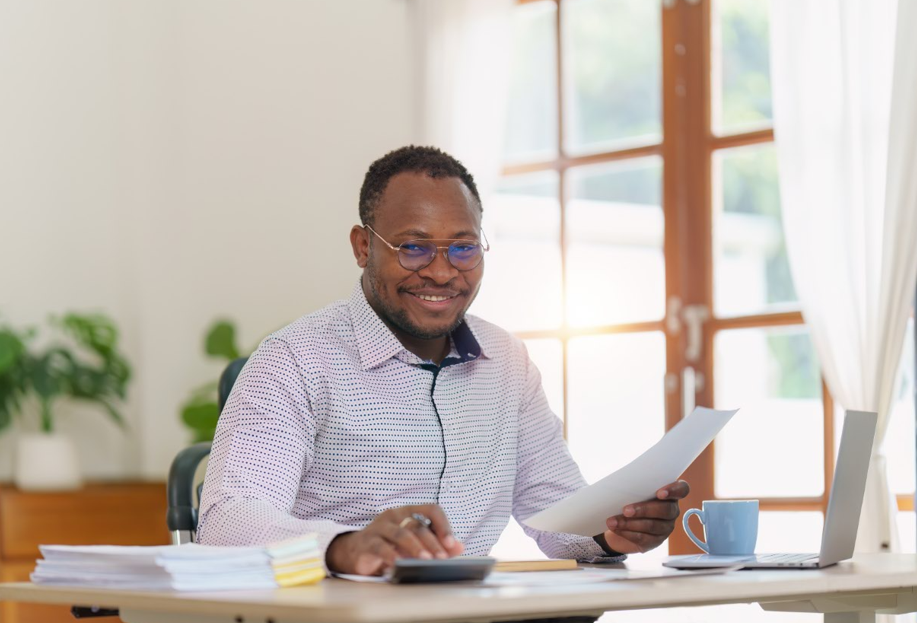 Minimal illustration of a white paper airplane symbolizing a sent transaction, with a notification below stating that Albert Lins has received his tax preparation fees of $5,500.