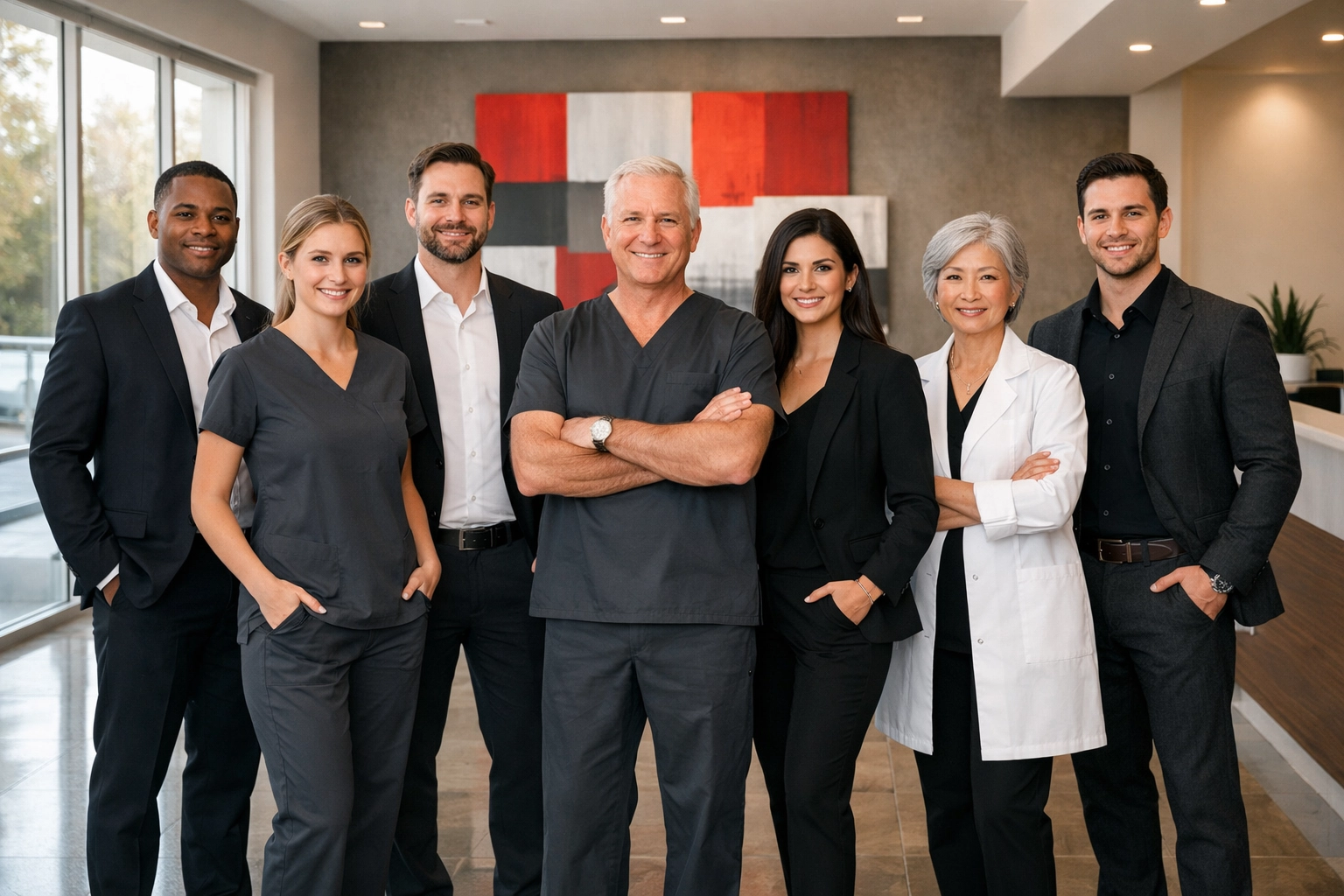 A stable, diverse clinical team in a modern dental lobby, illustrating successful dental recruitment and retention.