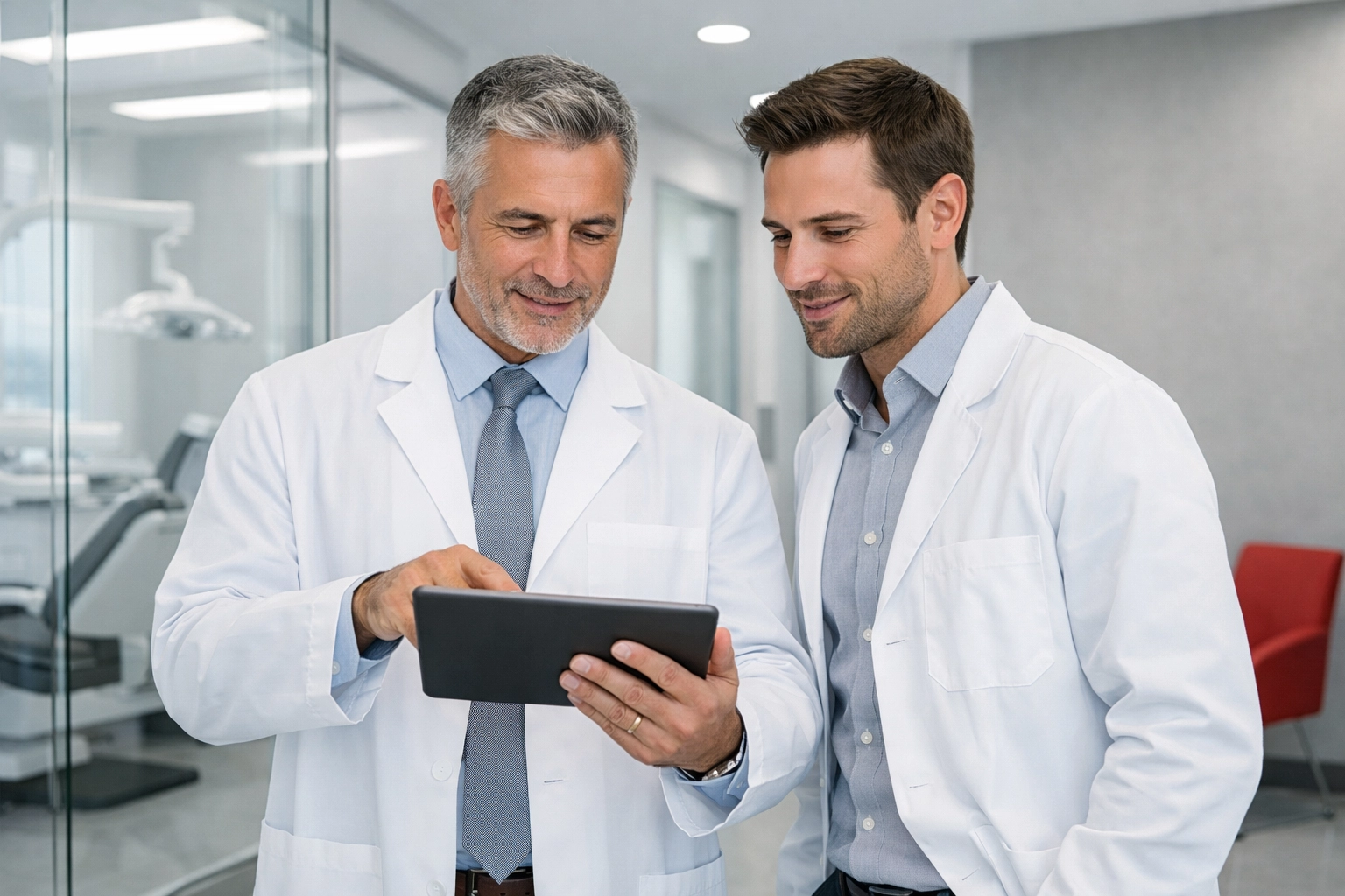 Senior dentist mentoring a potential successor in a modern dental clinic to secure future practice valuation.