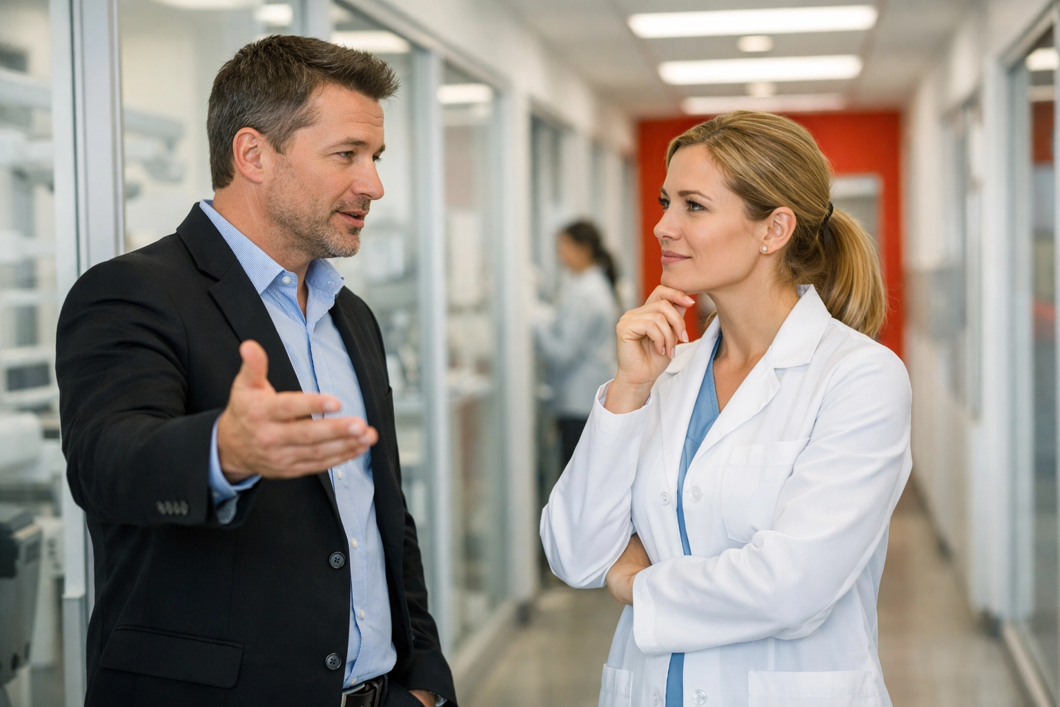 Dental staffing agency consultant analyzing practice culture with a clinician in a modern office.