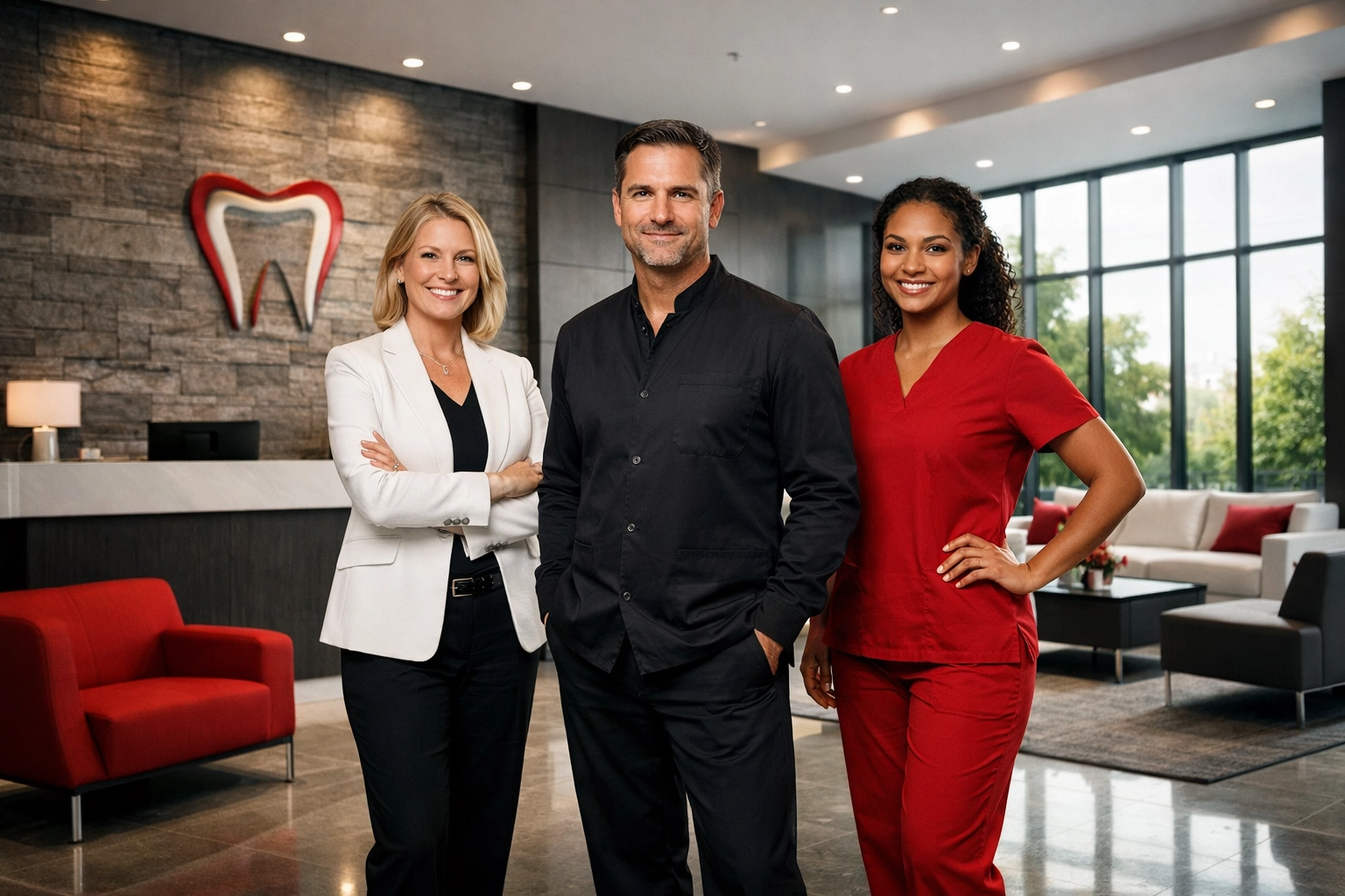 A successful dental clinical team standing in a lobby after a placement by expert dentist recruiters.