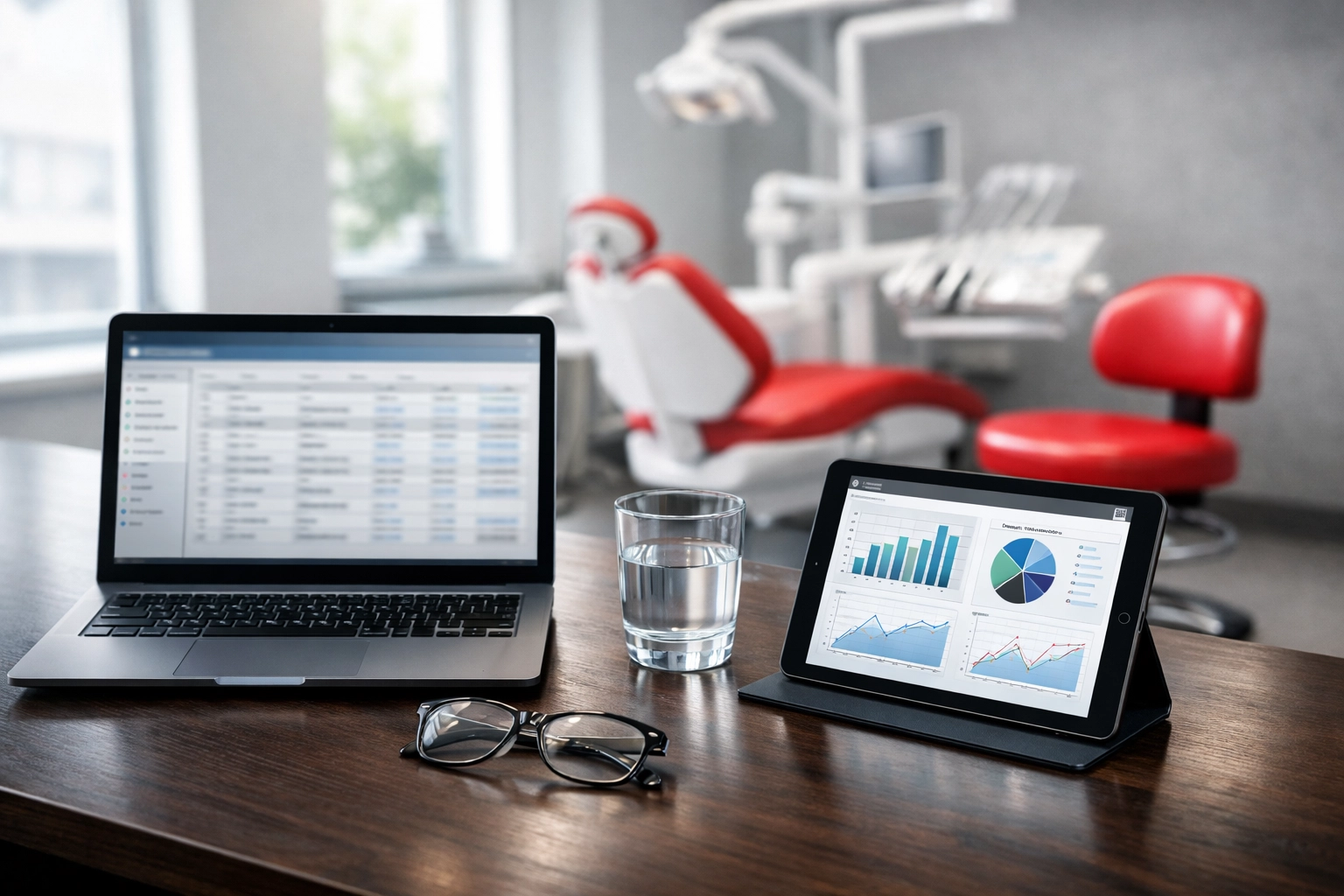 Professional workstation and dental operatory showing data analysis by dentist recruiters.